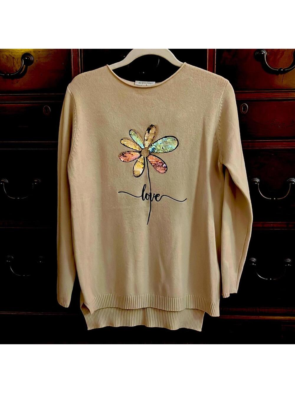 Bluoltre bisque sweater w sequin and stitched flower detail NWOT - 1 (S)